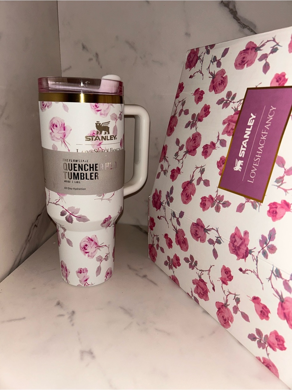 Stanley White & Pink Floral Quencher Tumbler with Handle